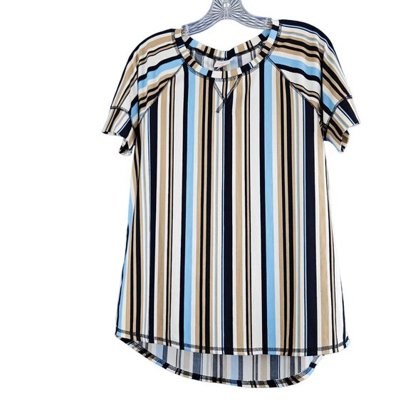 EUC LuLaRoe Hailey Short Sleeve Hi-Lo Shirt Sz. XS Black Tan Blue White Stripes - Picture 1 of 5